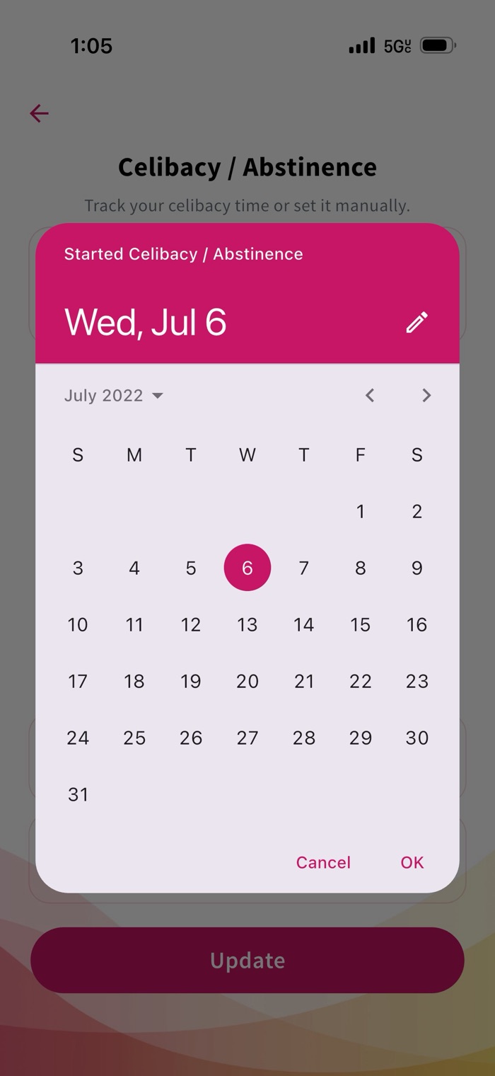 Date picker for choosing the celibacy start date