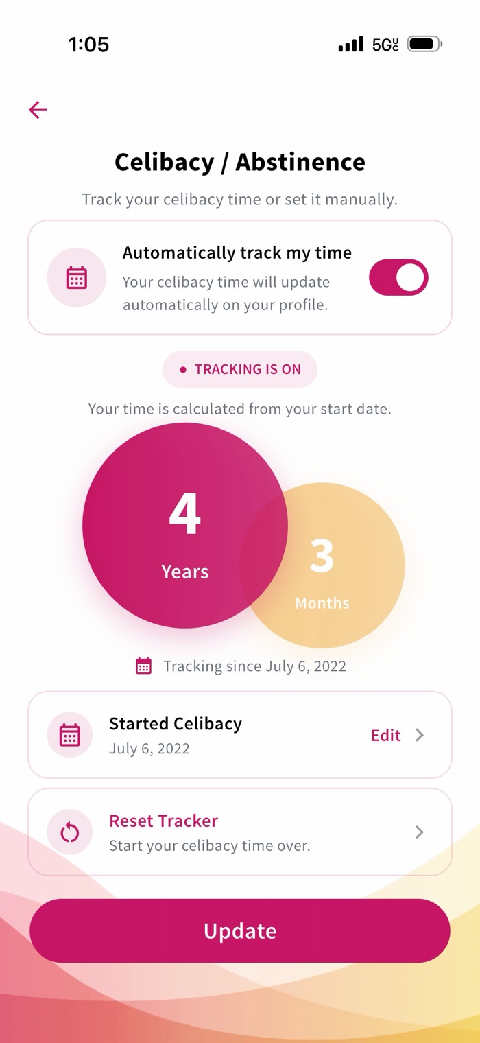 Celibacy tracker showing 4 years and 3 months since July 6, 2022
